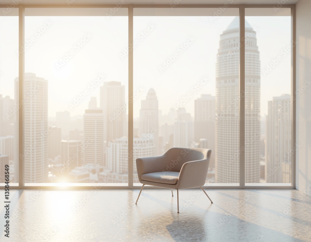 Fototapeta premium Contemporary chair with cityscape view at dusk