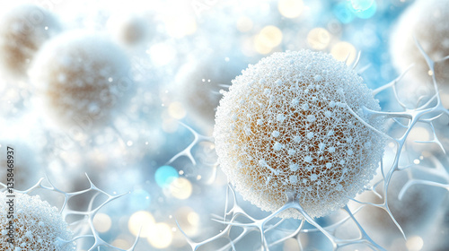 Silver and gold exosome particles inside transparent spheres, symbolizing biotechnology in cosmetology and trichology, with blurred light tones highlighting modern chaos and scientific innovation.

