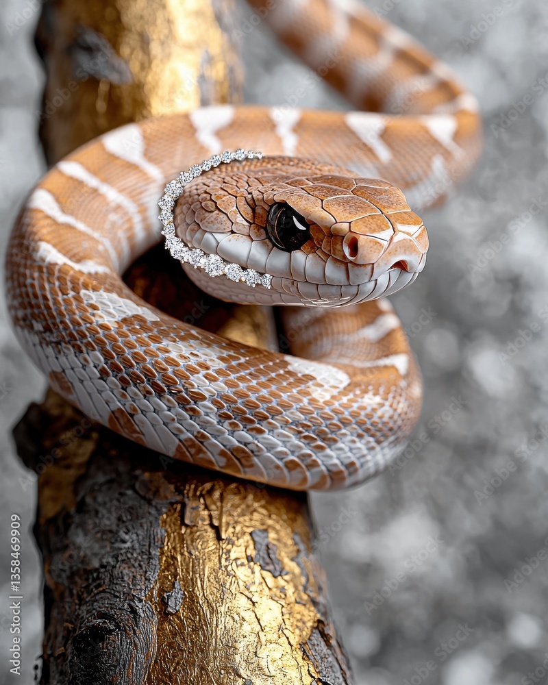 Naklejka premium Elegant Snake with Diamond Jewelry Coiled on a Branch, Animal Portrait Photography