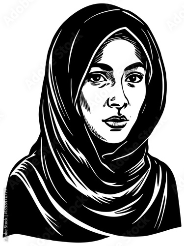 Linocut Portrait of a young muslim woman