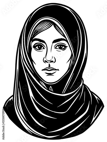 Linocut Portrait of a young muslim woman