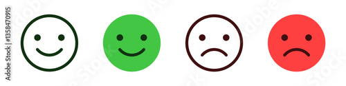 happy and sad emoji, feedback rating emoticons - smiley face icon set : positive and negative emojis with red and green colors for customer satisfaction rating