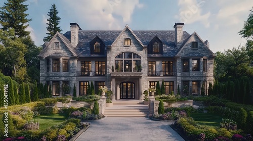 Wallpaper Mural mansion, showcasing its detailed stonework, elegant landscaping, and impressive entryway. Torontodigital.ca