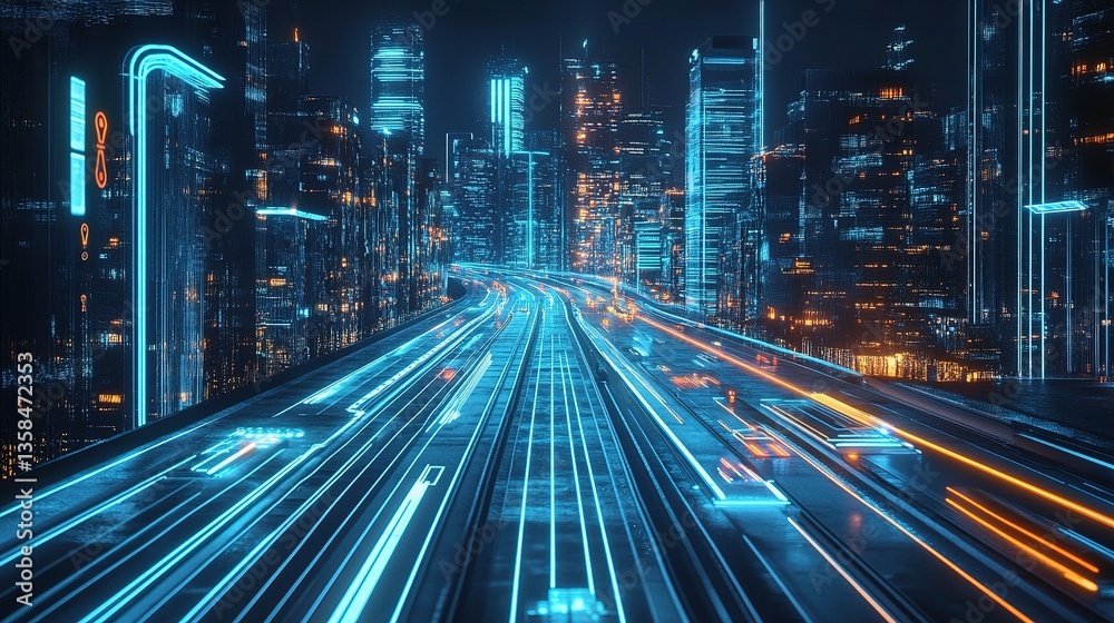 Futuristic AI Controlled Transportation System in Neon Cityscape Futuristic AI Controlled Transportation System in Neon Cityscape