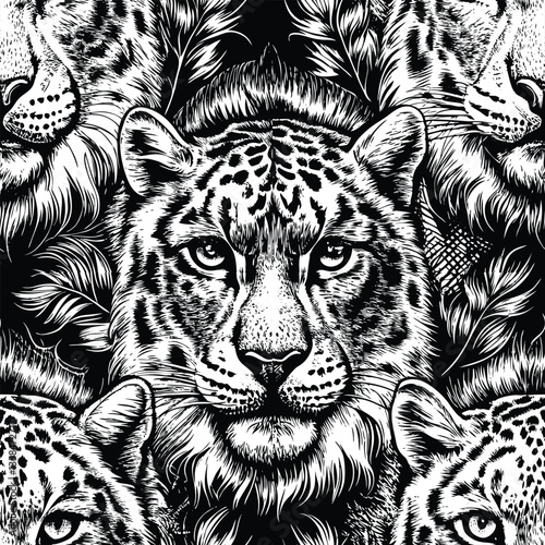 Black and White Leopard Line Art Seamless Pattern