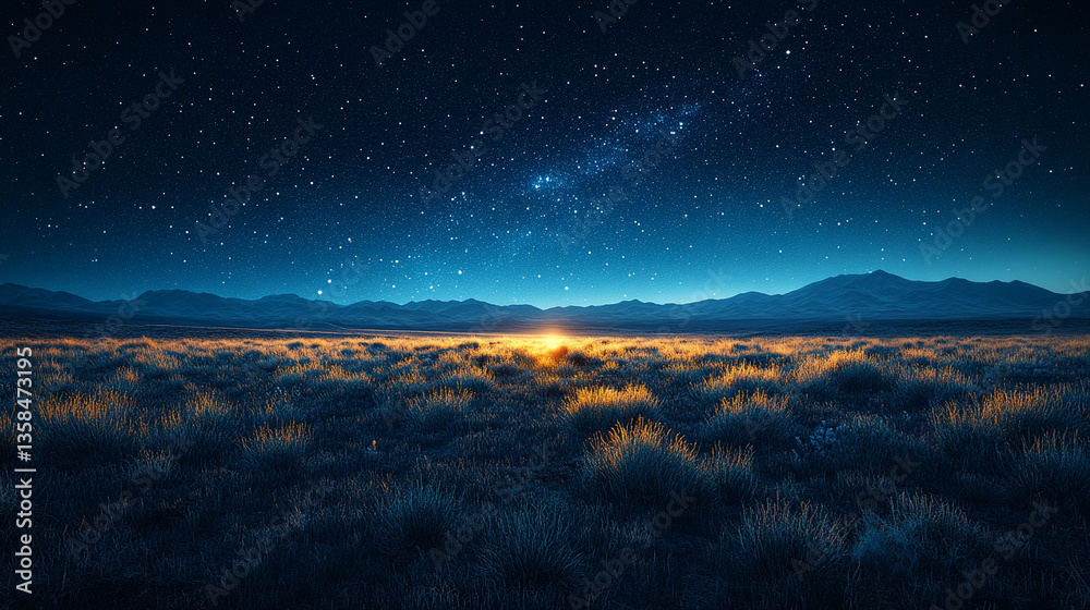 Fototapeta premium A tranquil landscape beneath a starry night sky exudes serene beauty, with stars shining brightly and the cosmos feeling within reach, evoking wonder and infinite possibilities.