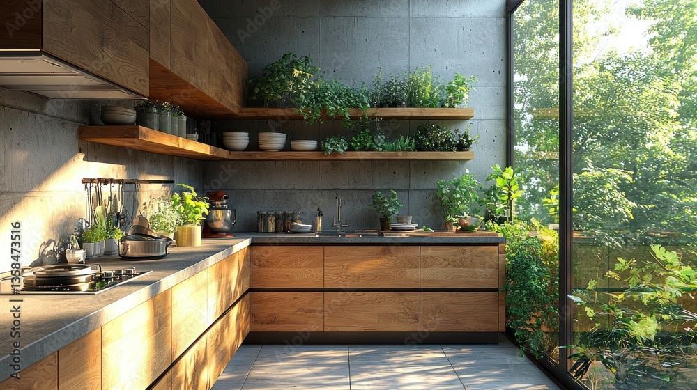 Fototapeta premium Modern kitchen with wooden cabinets, herbs, and a large window.