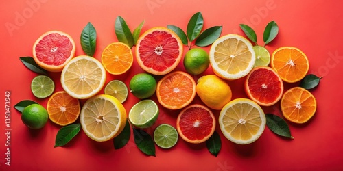 Vibrant Citrus Fruits Arranged in a Colorful Composition on a Red Background, Showcasing Slices of Lemons, Limes, Oranges, Grapefruits, and Tangerines with Lush Green Leaves