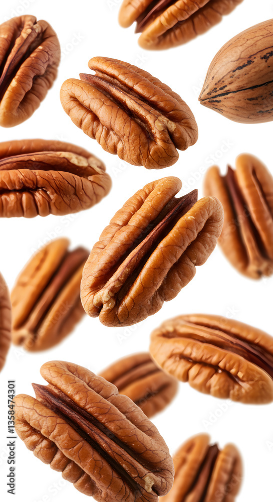 Pecan Nuts Falling with Whole Pecan on White Background
Pecan Nuts Falling with Whole Pecan on White Background