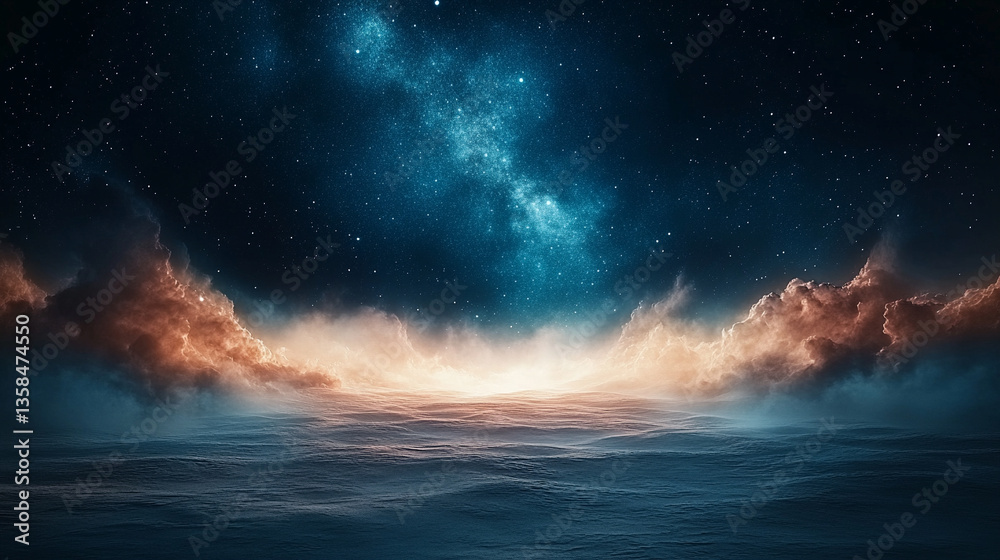 Fototapeta premium A tranquil landscape beneath a starry night sky exudes serene beauty, with stars shining brightly and the cosmos feeling within reach, evoking wonder and infinite possibilities.