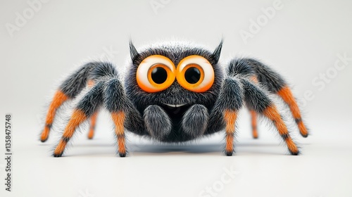 A funny 3D spider character with a goofy expression, oversized legs, and a vibrant design, standing on a white background for a playful vibe.  photo