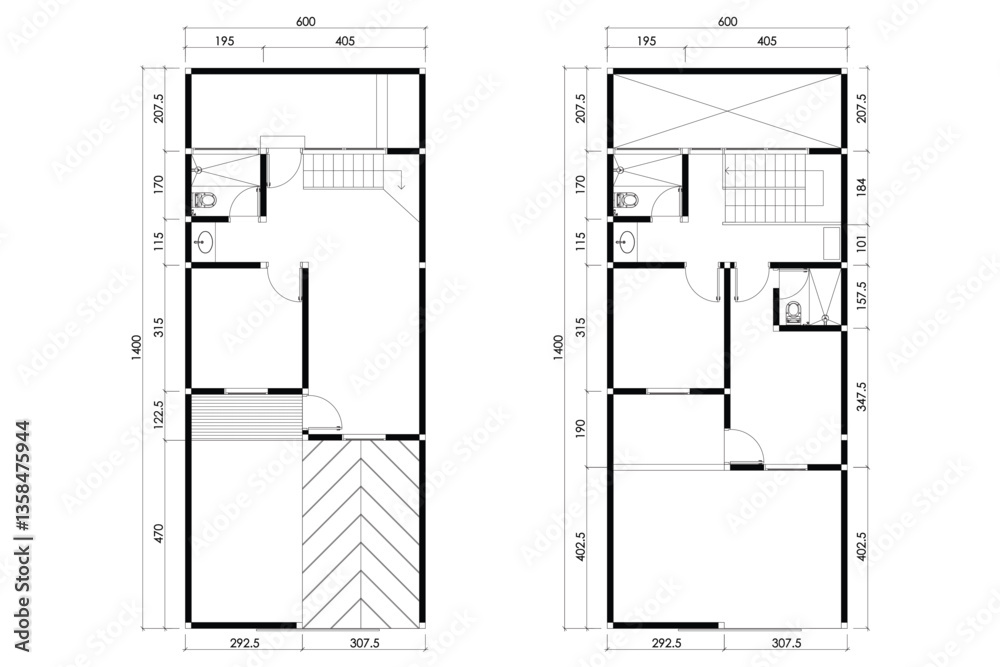 custom made wallpaper toronto digital2 dimension floor plan design of two storey house 82 meters squares, vector lines black isolated on white background. Set 1
