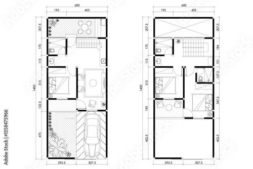 2 dimension floor plan and furniture layout design of two storey house 82 meters squares, vector lines black isolated on white background. Set 2