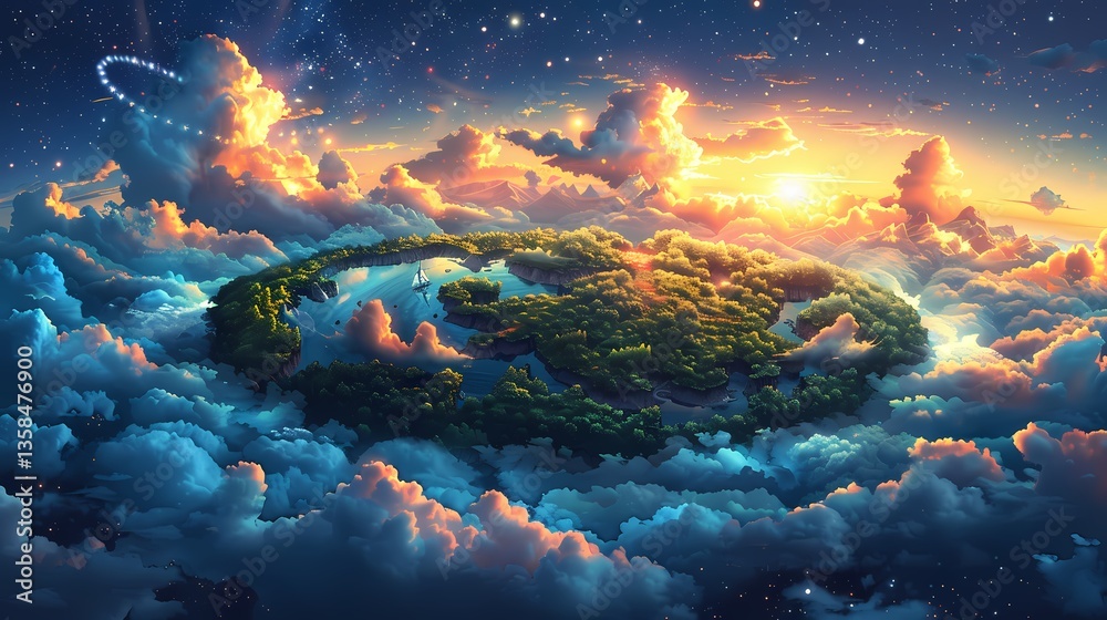 Obraz premium Celestial Isle: An enchanting, elevated island of verdant vegetation floats amidst a sea of fluffy clouds, kissed by the soft glow of the morning sun, creating a surreal and dreamlike scene.