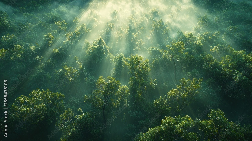 Naklejka premium Sunbeams piercing misty forest canopy.
