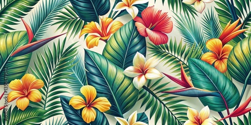 Wallpaper Mural Vibrant Tropical Floral Pattern Featuring Lush Green Foliage and Exotic Blooms in a Seamless Design Ideal for Textile Prints, Wallpaper, or Decorative Applications Torontodigital.ca