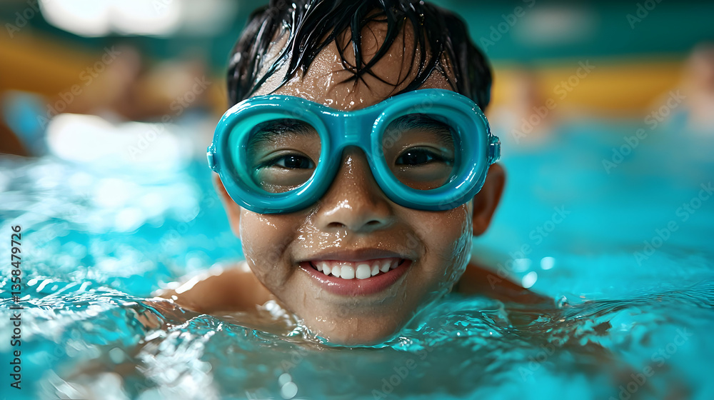 Naklejka premium Happy Boy Swimming in a Blue Pool