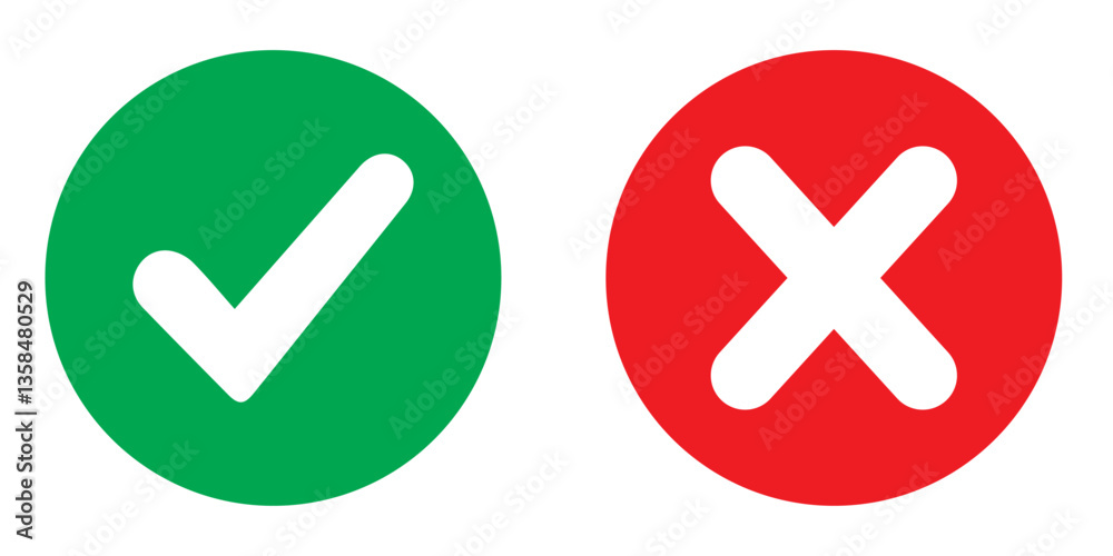 Check mark icon button set. Check box icon with right and wrong buttons and yes or no checkmark icons in green tick box and red cross. Check mark icon button set. Check box icon with right and wrong buttons and yes or no checkmark icons in green tick box and red cross.