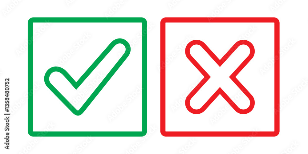 Check mark icon button set. Check box icon with right and wrong buttons and yes or no checkmark icons in green tick box and red cross. Check mark icon button set. Check box icon with right and wrong buttons and yes or no checkmark icons in green tick box and red cross.