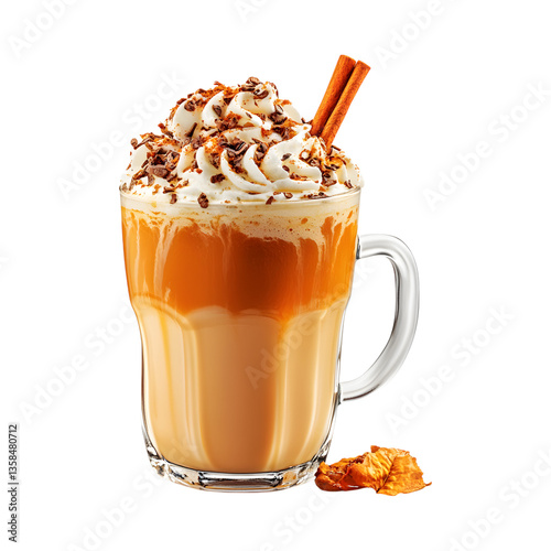 Glass of Pumpkin Spice Latte with Whipped Cream Isolated on Transparent Background