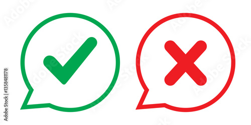 Set of plus minus, check mark, x mark with speech bubble or comic ballon icon. Vector illustration.