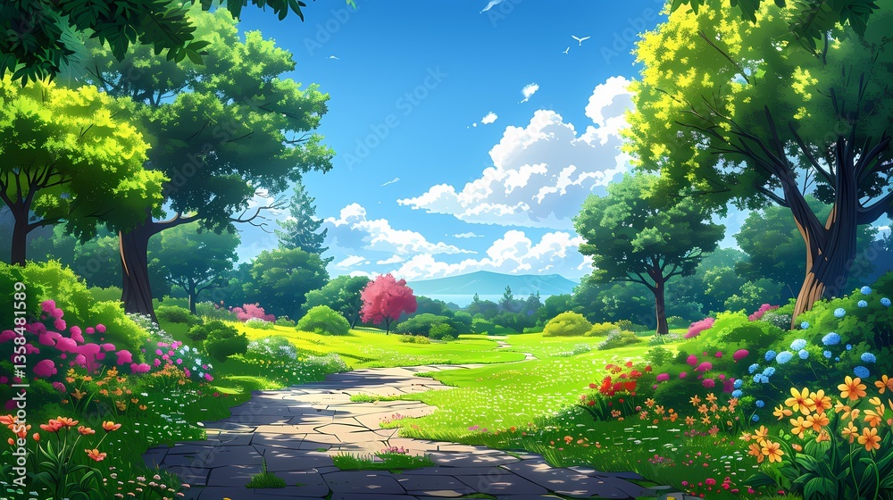 Obraz premium Enchanted Garden: A vibrant garden scene comes alive, a charming display of lush greenery, vibrant flowers, and clear sky creating an inviting ambiance.