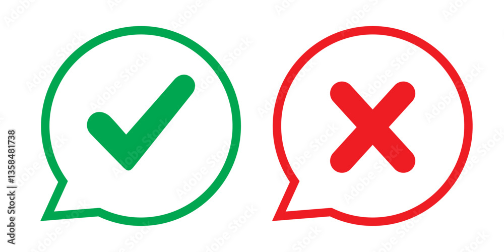 Check mark icon button set. Check box icon with right and wrong buttons and yes or no checkmark icons in green tick box and red cross. Check mark icon button set. Check box icon with right and wrong buttons and yes or no checkmark icons in green tick box and red cross.