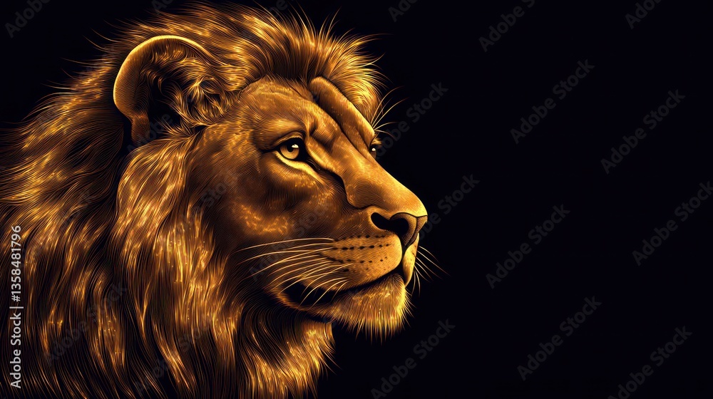 Naklejka premium Majestic lion portrait, golden fur, dark background, profile view.