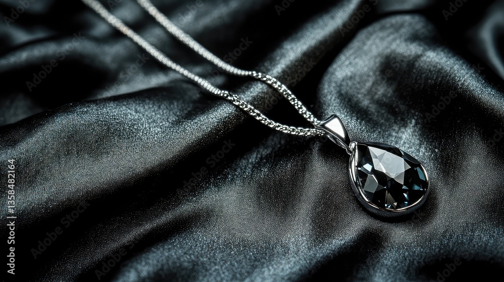 A sparkling gemstone pendant on a thin silver chain, resting on a soft fabric surface, offering clean space for modern product design.