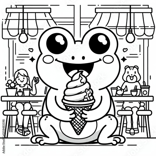Coloring book sweet froggy treat Happy toad enjoys a giant ice cream cone