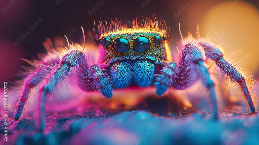 A striking macro shot of a colorful jumping spider, its prominent abdomen glowing under soft light, detailed hairy legs and glossy, large eyes in focus. A striking macro shot of a colorful jumping spider, its prominent abdomen glowing under soft light, detailed hairy legs and glossy, large eyes in focus.