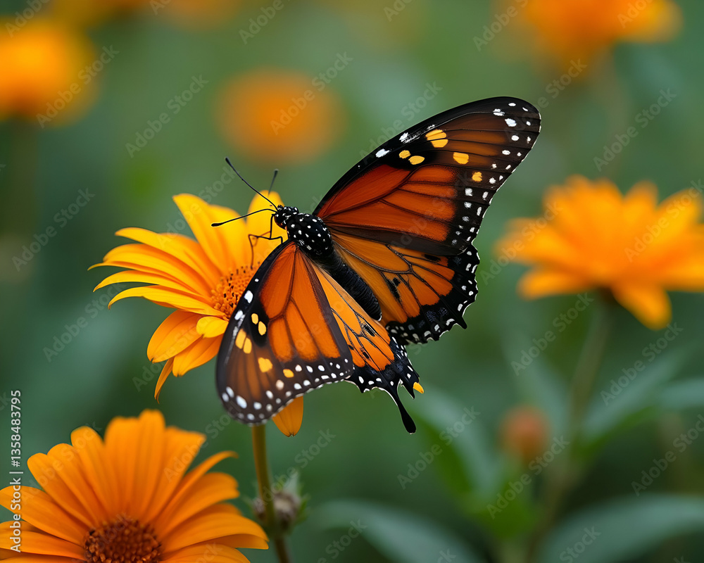 Fototapeta premium A bright orange monarch butterfly with black and white patterns adorning its wings, perched amidst a sunflower.