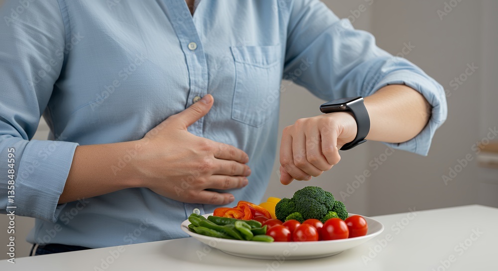 Woman feeling stomach ache checking time while looking at fresh vegetables