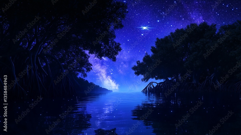 Fototapeta premium A Tranquil Nightscape Reflecting Stars Over Calm Waters and Silhouetted Trees