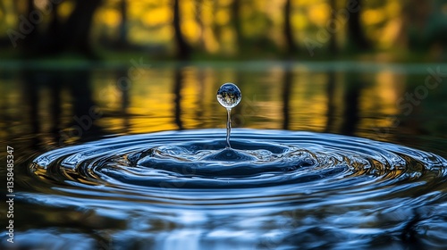 A single water droplet impacting a still pond, creating ripples.  Blurred autumnal forest background