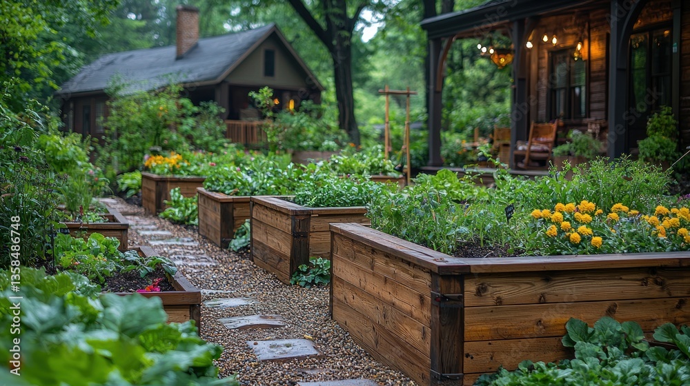 Raised garden beds with stone path, lush greenery, and houses in background. Raised garden beds with stone path, lush greenery, and houses in background.