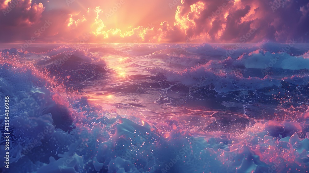 Agitated Ocean Waves at Sunset with Golden and Pink Reflections, Dramatic Seascape and Vibrant Sky Colors Agitated Ocean Waves at Sunset with Golden and Pink Reflections, Dramatic Seascape and Vibrant Sky Colors