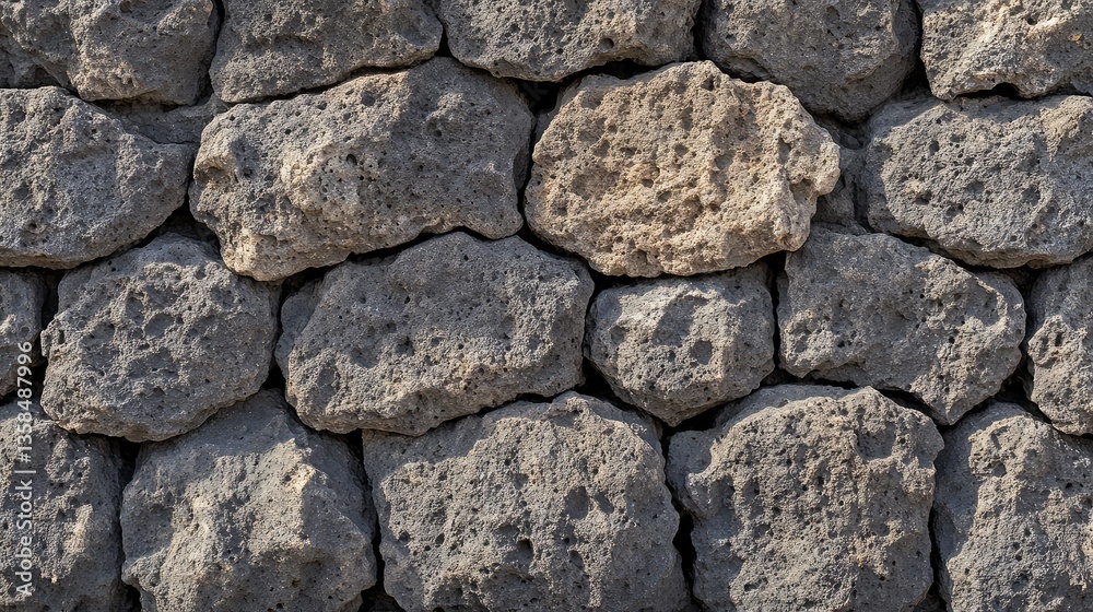 Fototapeta premium Rough basalt stone wall with natural porous texture and deep shadowing, giving a raw effect.
