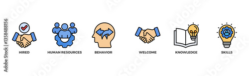 Onboarding banner web icon illustration concept for human resources business industry to introduce newly hired employee into an organization with behavior, welcome, knowledge, and skills icon
