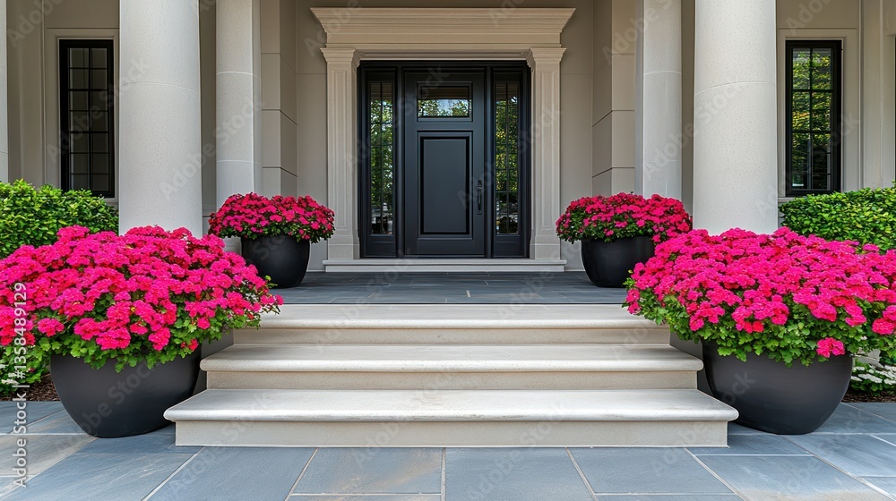 Fototapeta premium Elegant home entrance with vibrant pink flowers