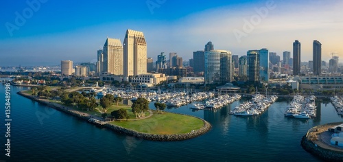 San Diego, California , USA: Aerial view of the city skyline, marina, and harbor and Embarcadero Marina Park North. The image showcases the urban landscape and coastal beauty of San Diego.