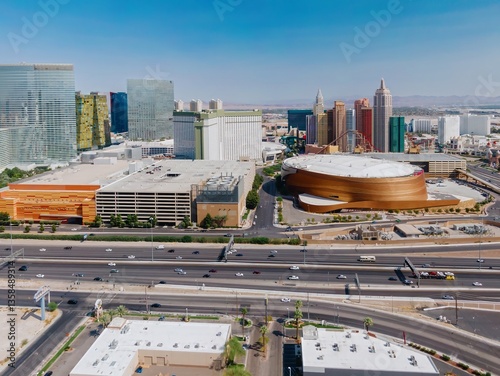 Las Vegas, Nevada, USA. Aerial view of the Las Vegas strip, showing the Sphere, hotels, casinos, and the I-15 highway. Cars are driving on the highway.