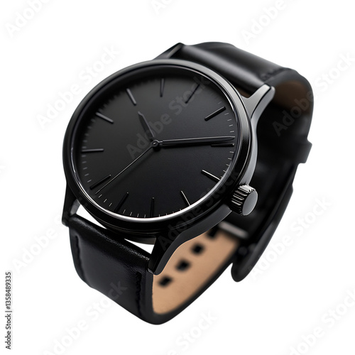 Classic Black Minimalist Watch with Brushed Finish and Brown Leather Band Isolated on Transparent Background
