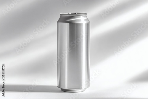 Sleek Silver Beverage Can Against Shadowy Backdrop for Refreshment Promotion