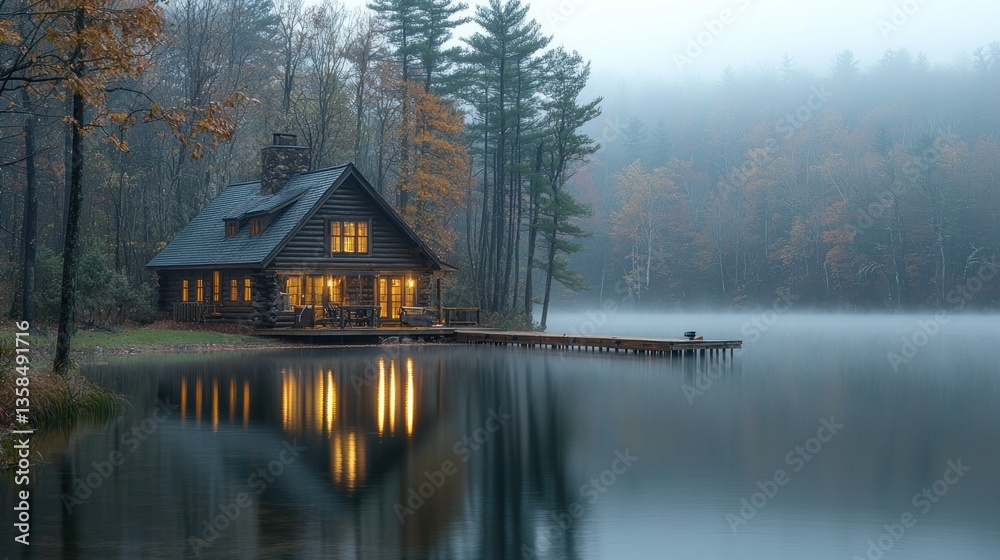 Fototapeta premium Cozy cabin on misty lake at dusk.