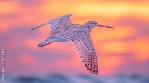 Curlew in Dynamic Flight at Sunset photo
