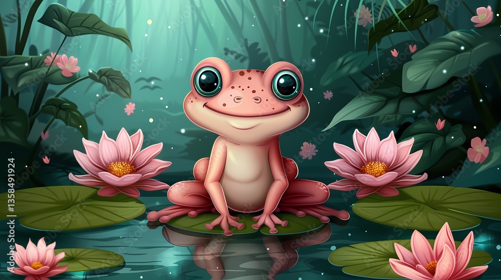 Fototapeta premium Frog's Aquatic Oasis: A whimsical, rosy-hued frog with large, captivating eyes serenely rests on a lily pad, embraced by a serene pond scene adorned with delicate lotus blossoms.