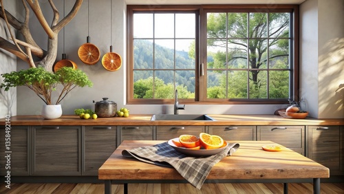 Modern kitchen design with a rustic charm, featuring a large window overlooking a scenic landscape, wooden countertops, and a stylish arrangement of oranges and plants.