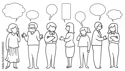 いろいろな人々が話し合っている線画イラスト　吹き出し付き