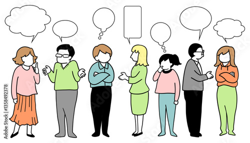 いろいろな人々が話し合っている線画イラスト　吹き出し付き